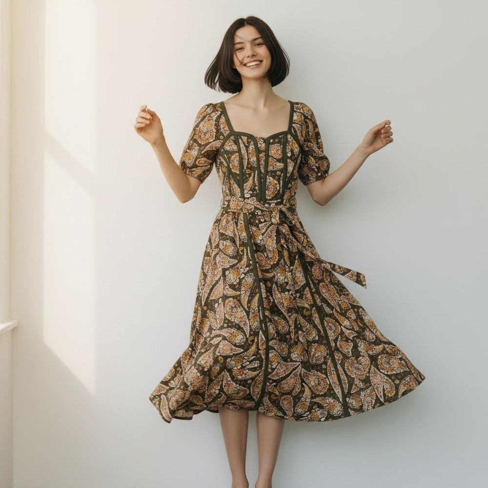 Sam Edelman Olive Paisley Midi with Mustard and Cream Details